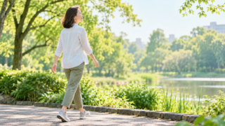 公園を歩きながら姿勢と歩き方を見直す40代女性のイメージ