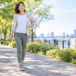 歩行時の足元・骨盤・姿勢の連動を意識して歩く40代女性のイメージ