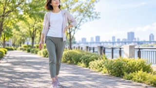 歩行時の足元・骨盤・姿勢の連動を意識して歩く40代女性のイメージ